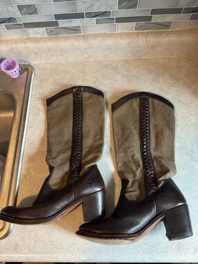 Frye Jane Braid Leather Canvas Riding Boot Brown 8 B 77225 Western Cowboy